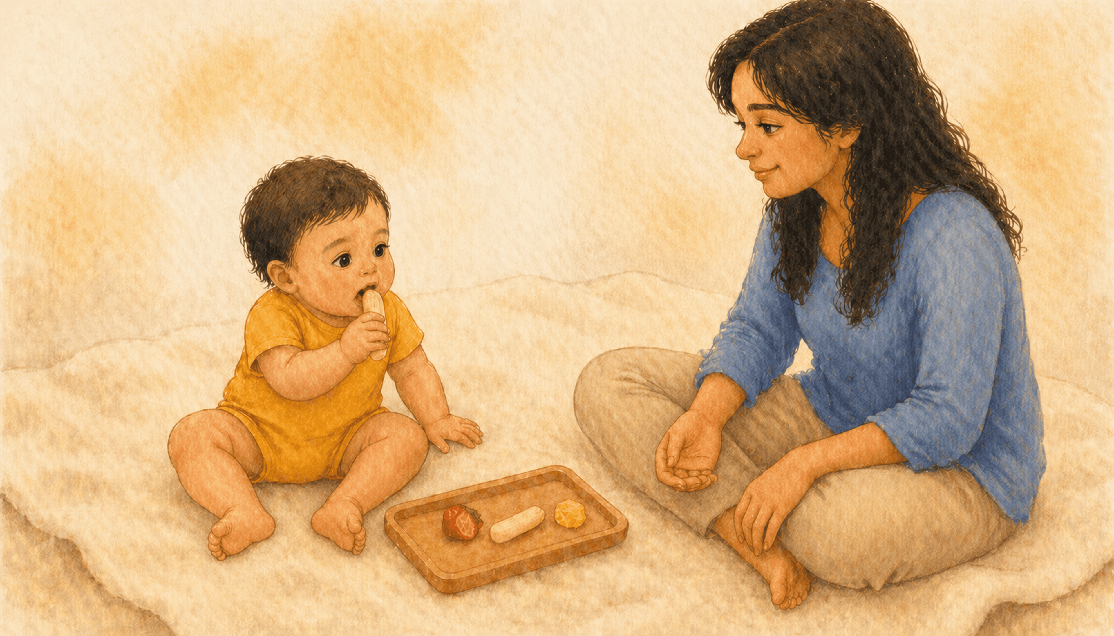 Eight-month-old baby sitting on a cream blanket reaching for a strip of banana from a tray with strawberry and scrambled egg, mother sitting cross-legged opposite — baby led weaning with a variety of soft foods