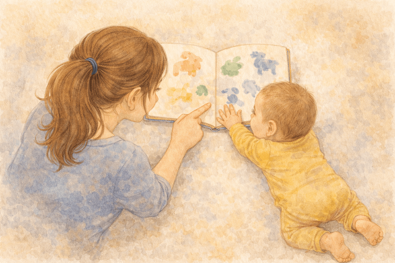 Watercolor overhead view of parent and baby lying on the floor reading a picture book together