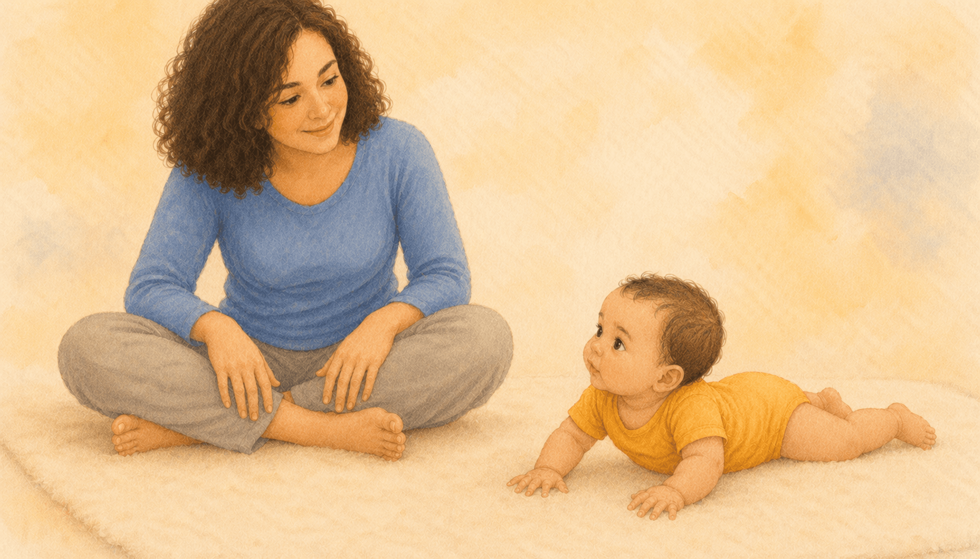 Three-month-old baby doing tummy time on a cream play mat, head lifted and looking toward mother — illustrating gross motor skills baby development through prone floor time