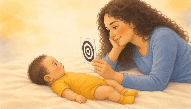 Mother lying beside her newborn on a cream blanket, holding a bold black-and-white high contrast card at the baby's eye level during a calm alert window between colic episodes