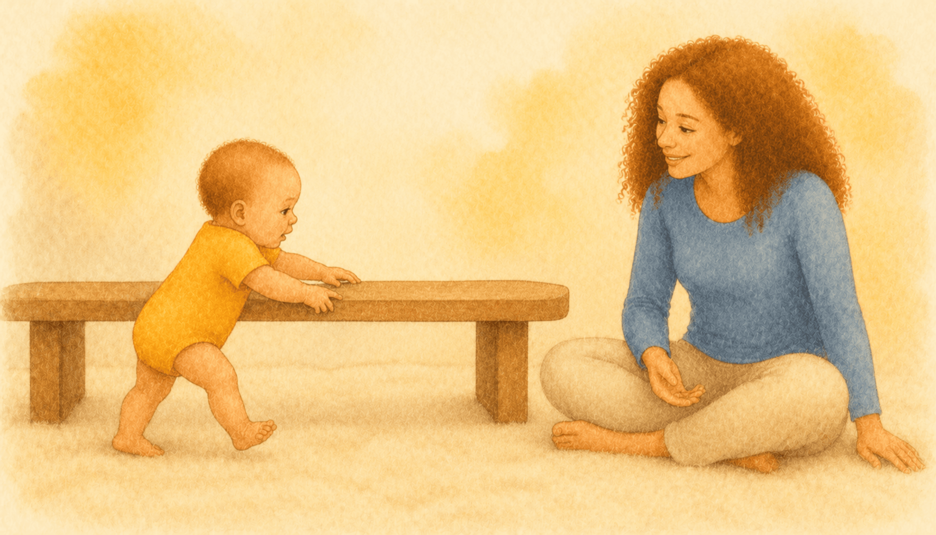 Mother watching her cruising baby step along a low bench on a clear floor — safe floor play as part of baby proofing for a mobile baby