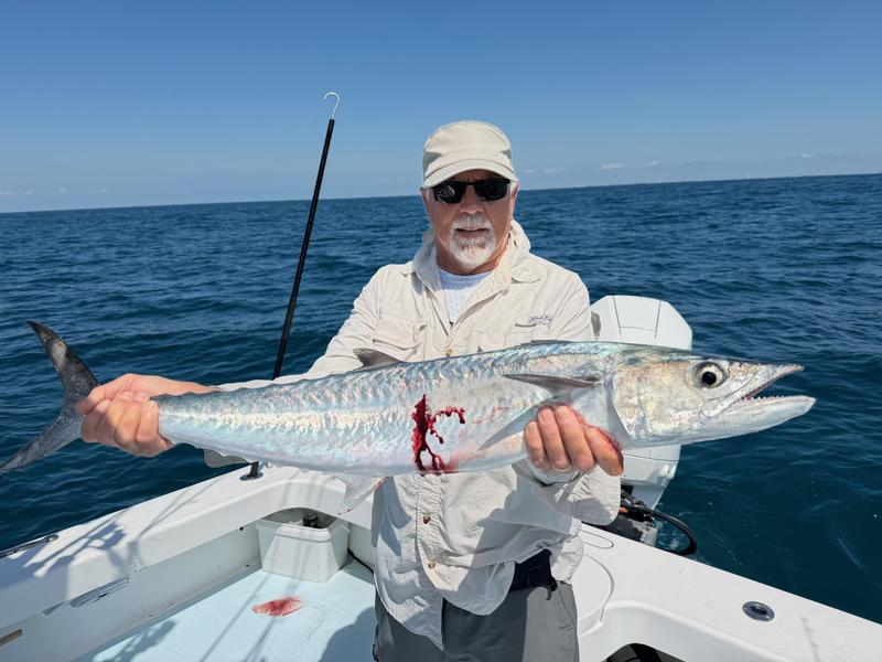 Bright silver king mackerel held up by an angler on a calm day in the Gulf of Mexico