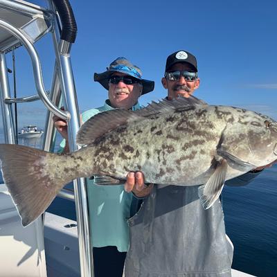 Two anglers holding a large gag grouper aboard Captain David White’s charter boat in the Gulf of Mexico