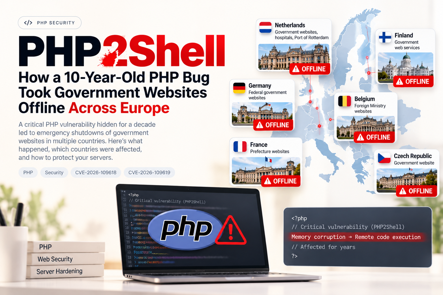 Title card for PHP2Shell showing a map of Europe with government websites in six countries marked offline beside a PHP laptop