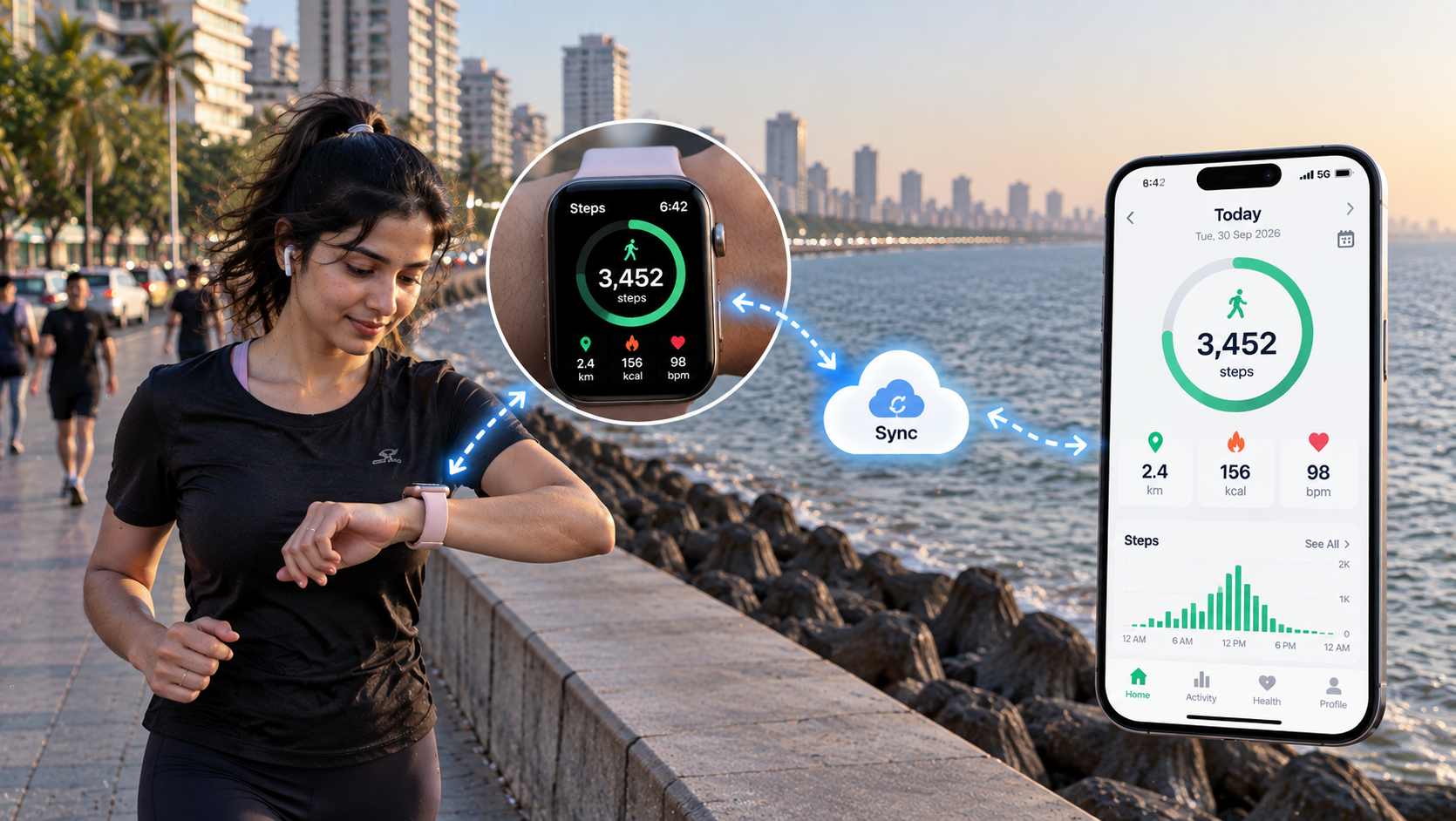 A runner checking a step count on an Apple Watch by the sea, with the same activity data synced to an iPhone app.