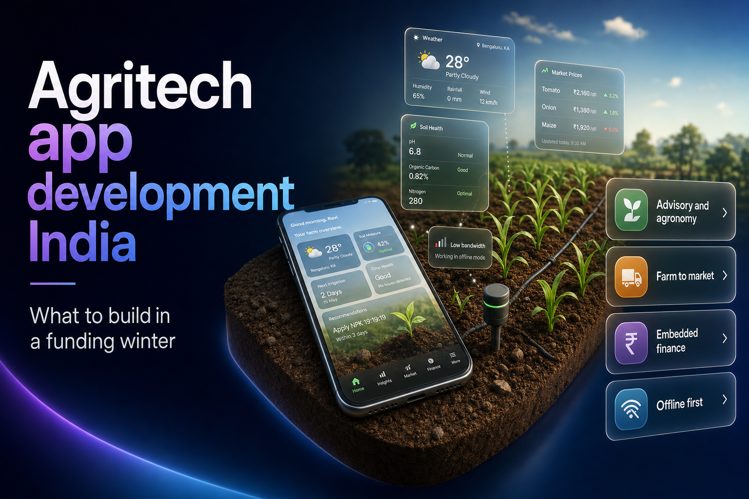 Smartphone on farm soil beside crop rows with floating weather, soil and market price data cards