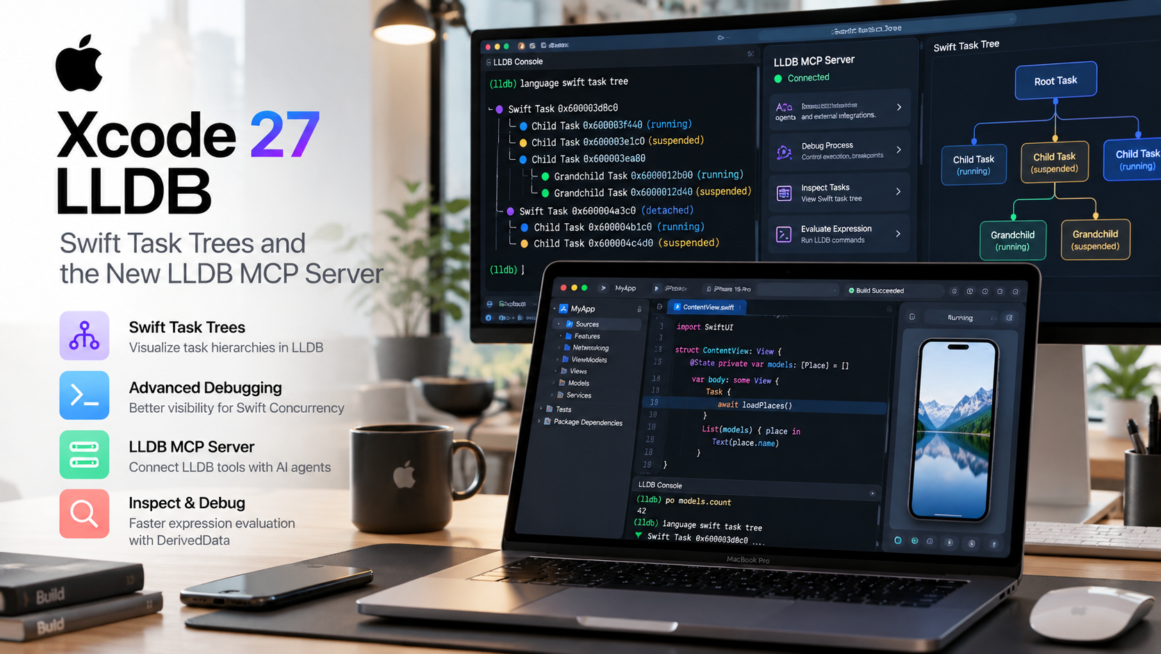 Xcode 27 LLDB title card with an LLDB console showing a Swift task tree, an LLDB MCP server panel and a laptop running Xcode.