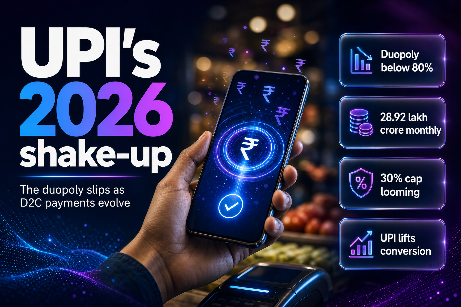 Hand holding a phone at checkout with a payment ripple
