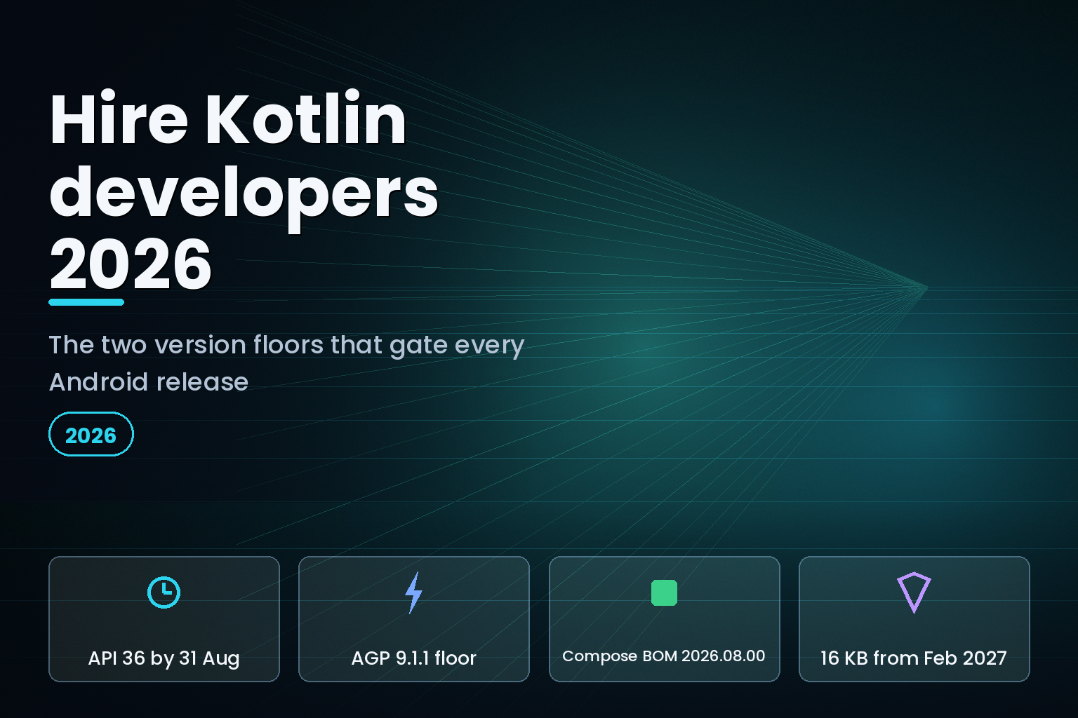 Hire Kotlin developers 2026: API 36 deadline and AGP 9.1.1 build floor