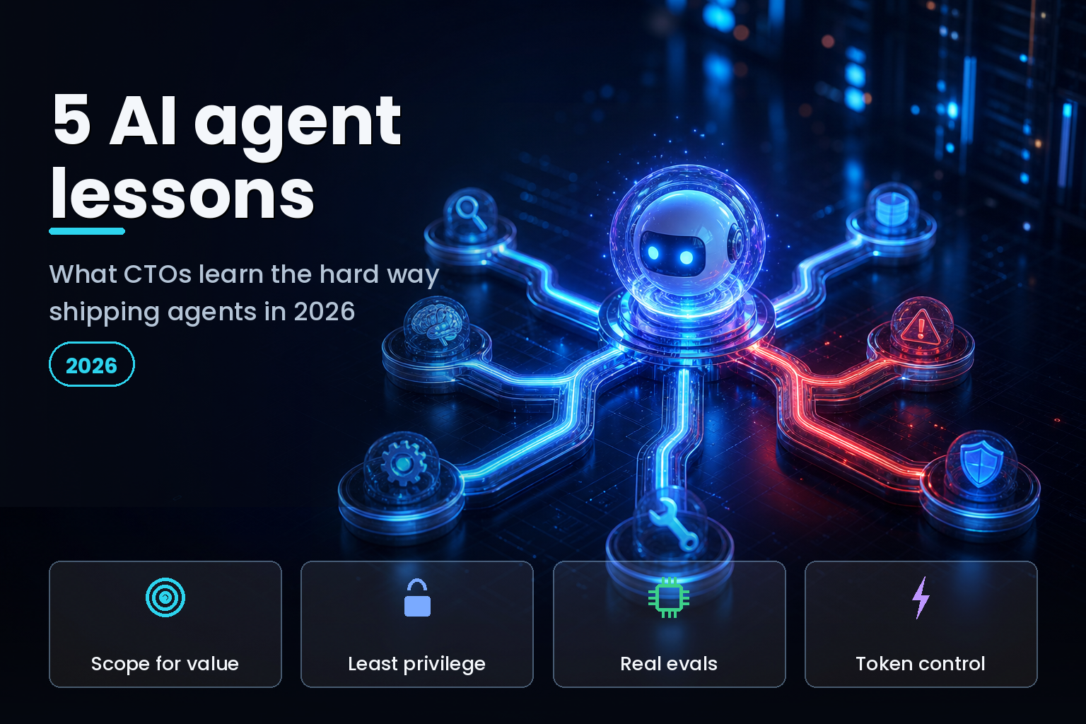 Glowing network of AI decision paths and tool nodes with one path flagged red