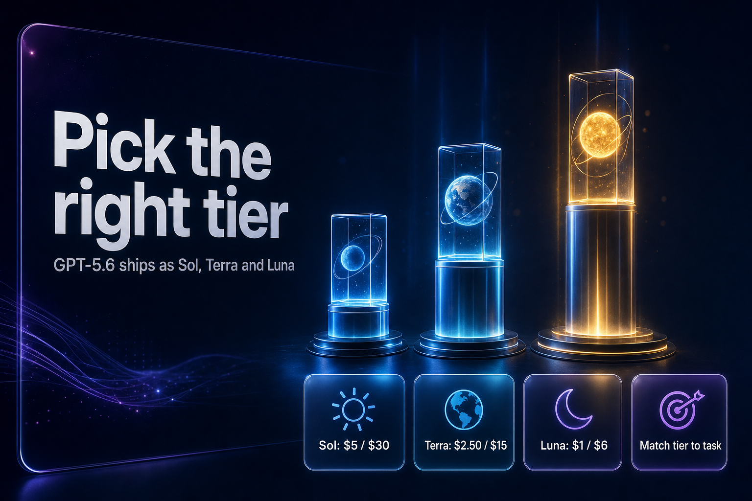 Three glowing pillars of ascending height representing small, mid and flagship AI tiers
