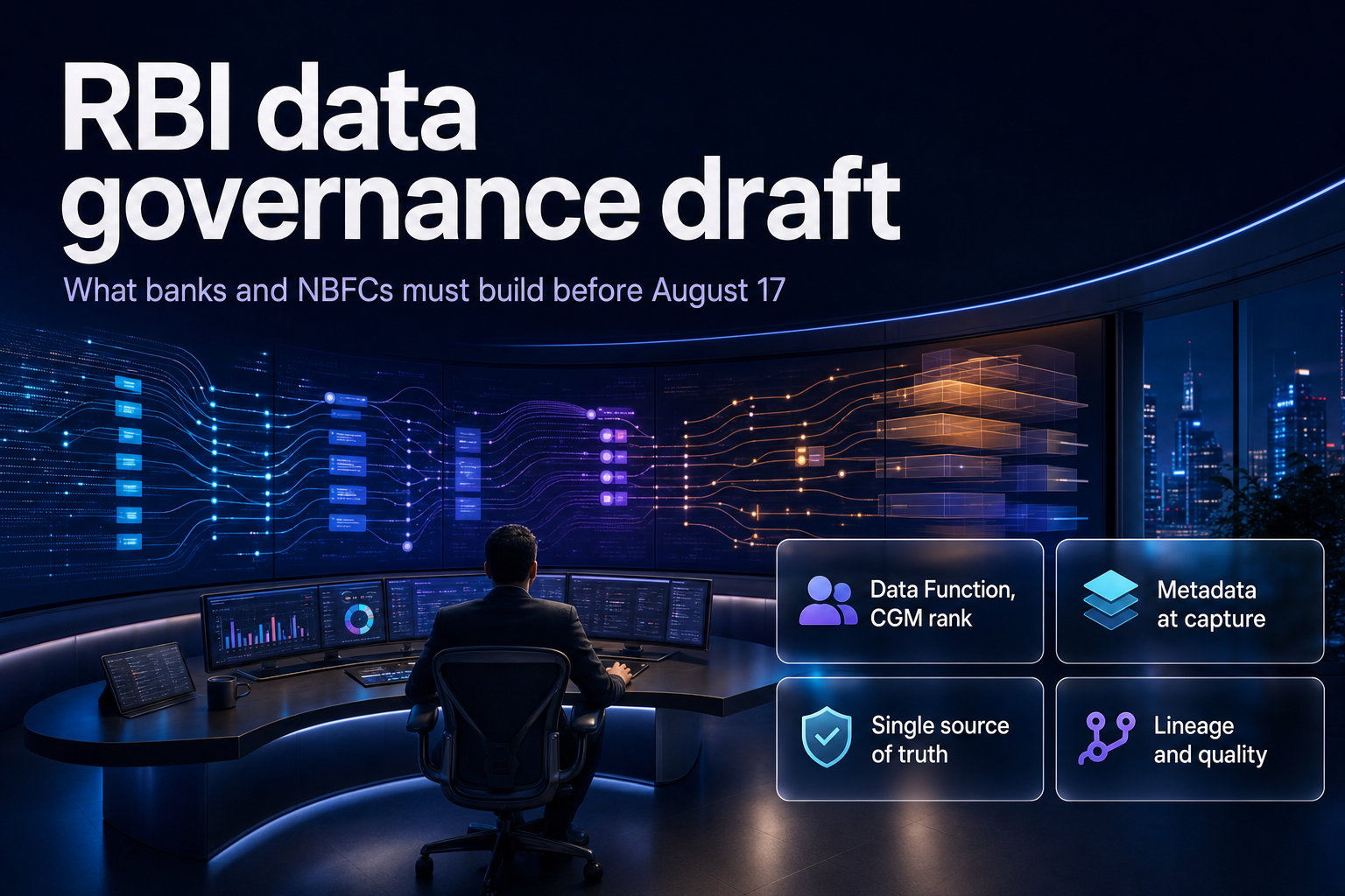 Data governance control room with flowing data lineage graphs on a curved display