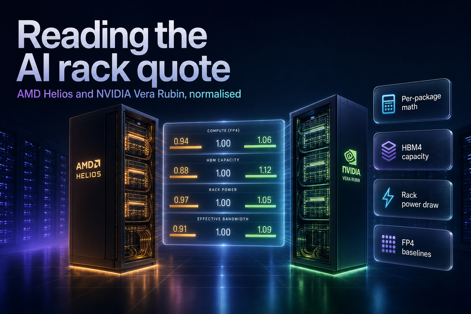 Two liquid-cooled AI server racks in a dark data hall with floating spec comparison panels