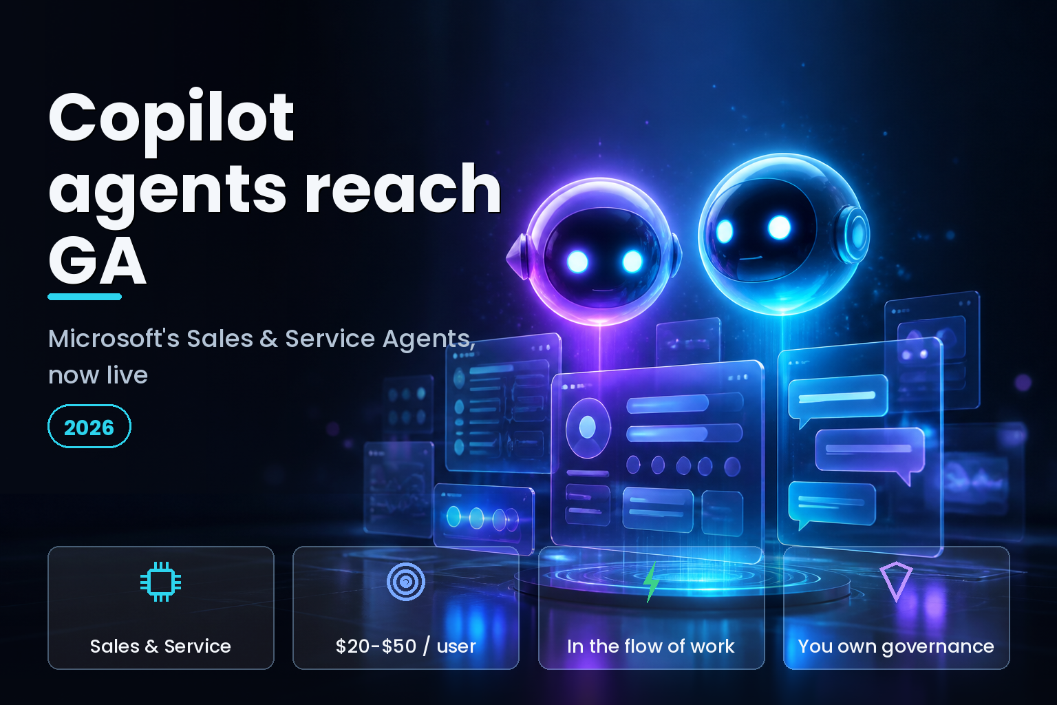 Glowing AI agent orbs over stylised CRM dashboard panels