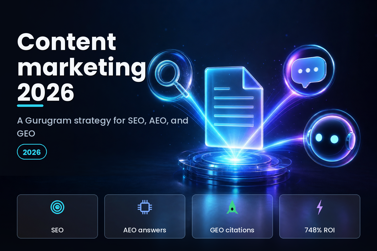 Glowing content document radiating toward search, answer, and AI icons on a dark background
