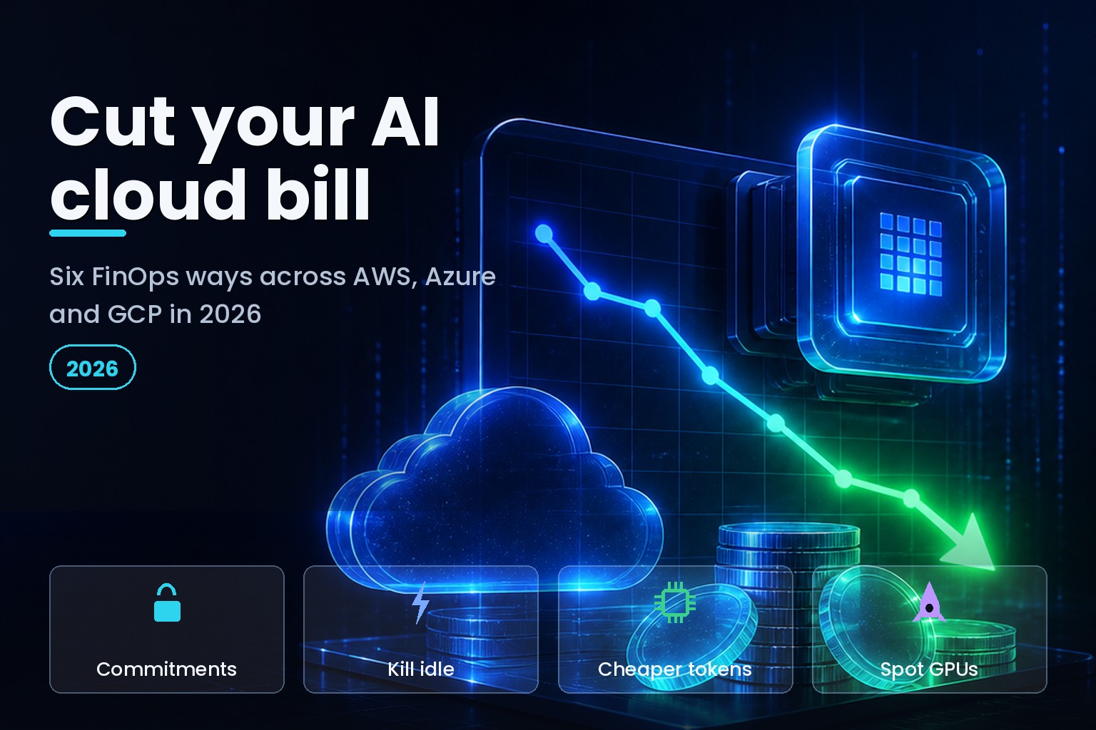 A glowing downward cost line over a dark cloud-cost dashboard with chip and coin icons