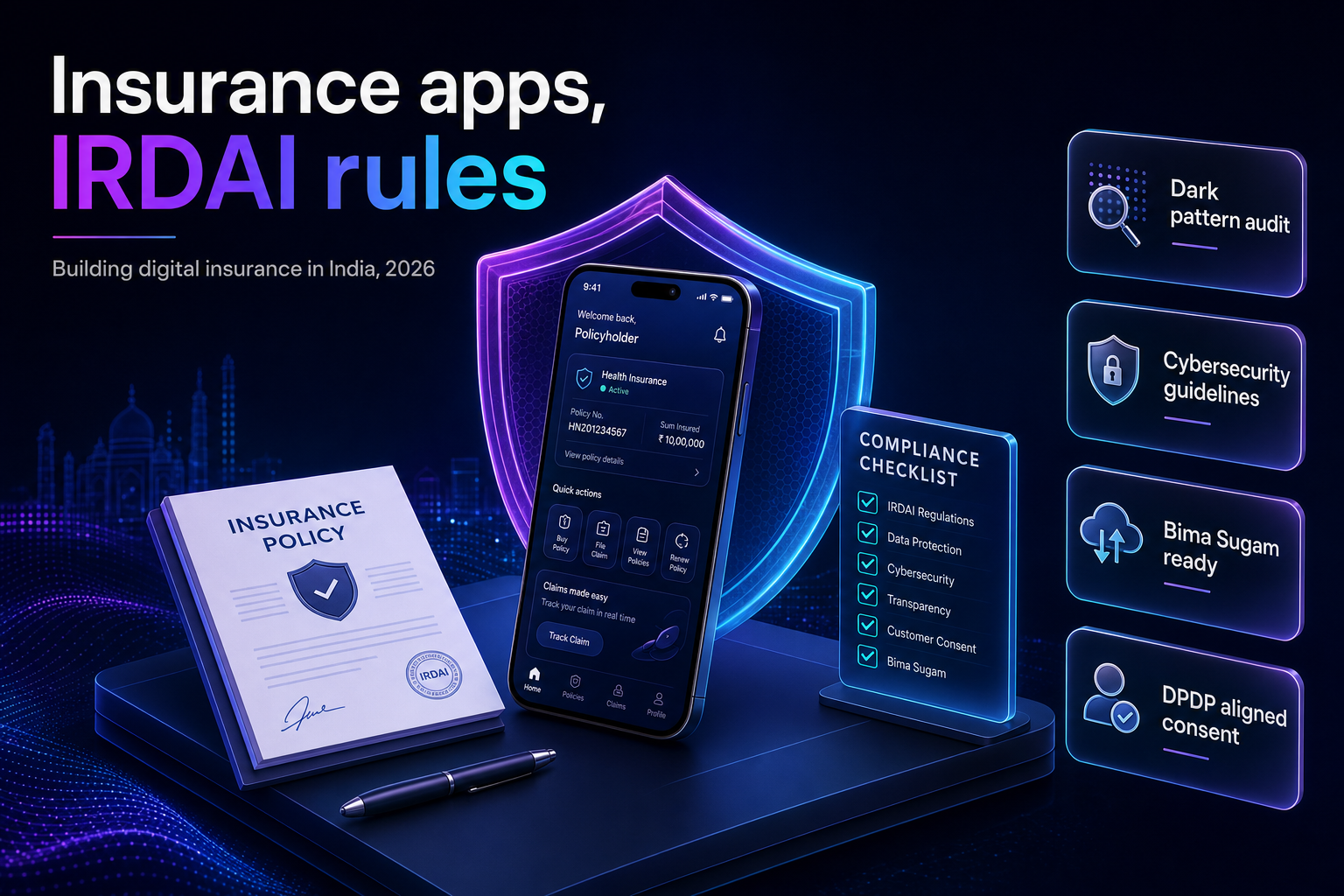 Mobile insurance app screen behind a layered shield with a compliance checklist