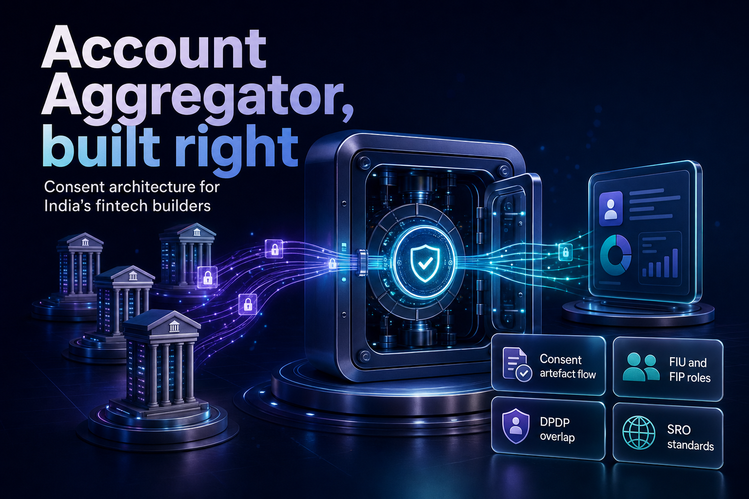 Encrypted financial data streams routed through a glowing consent token between bank towers and an app