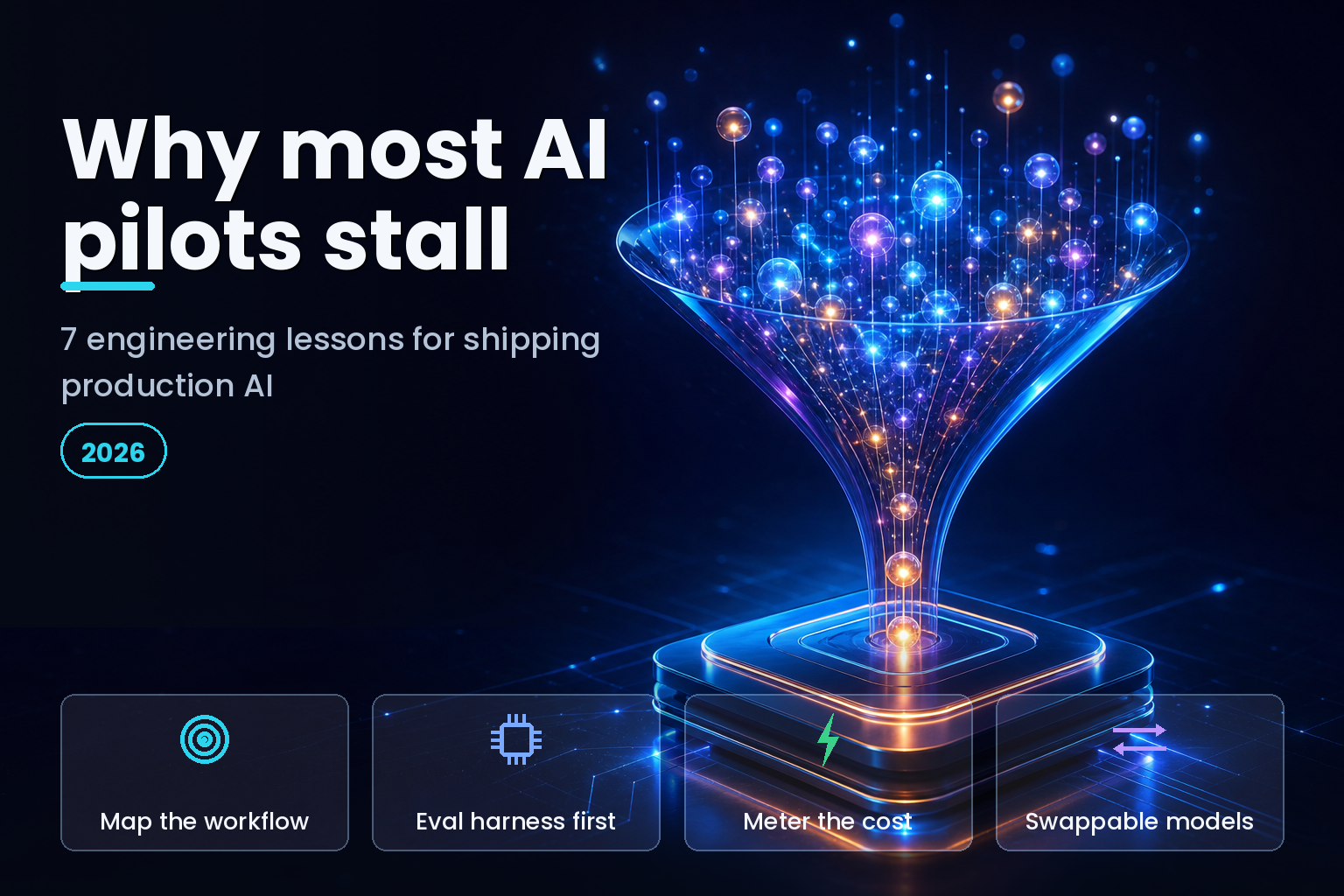 Glowing 3D funnel narrowing from many data nodes down to a few reaching a platform