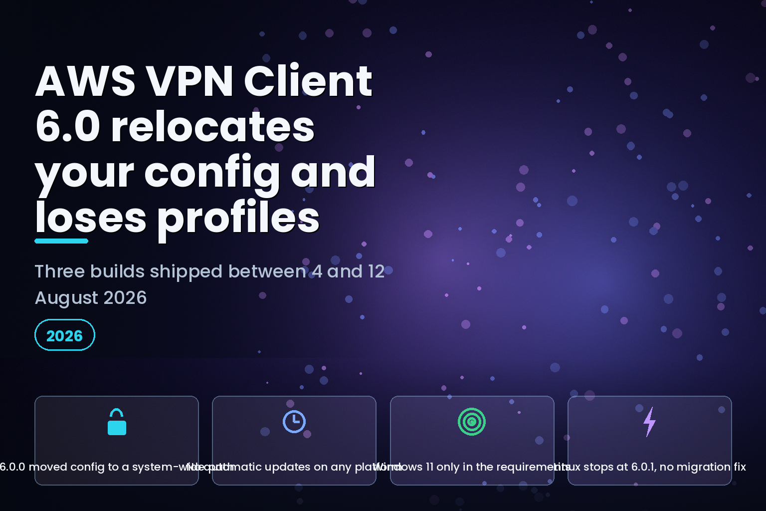 AWS VPN Client 6.0 upgrade risks: config relocated system-wide, no auto-update, Windows 11 only, Linux held at 6.0.1