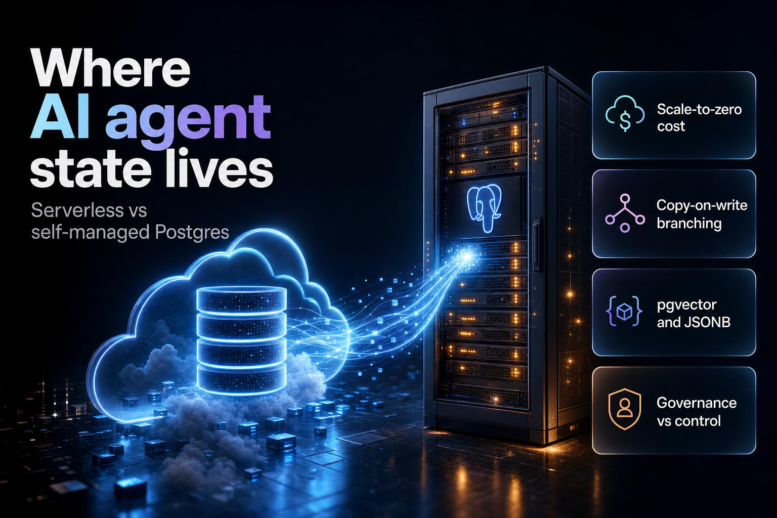 Serverless cloud database and an on-prem server rack linked by a data stream