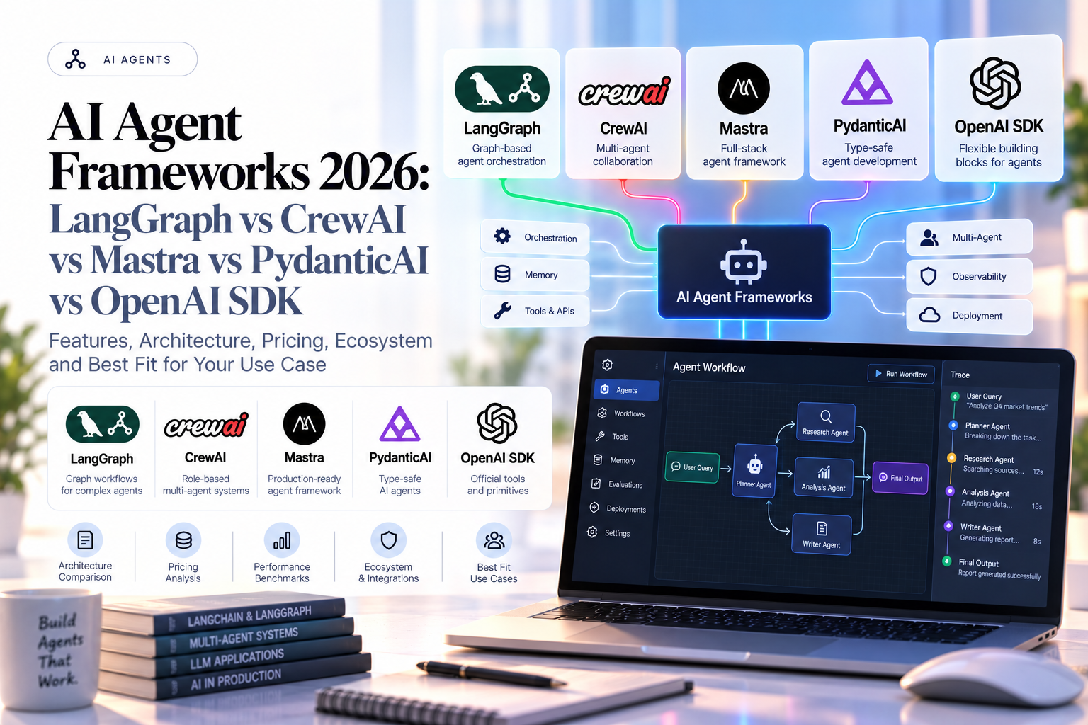Title card comparing AI agent frameworks LangGraph, CrewAI, Mastra, PydanticAI and OpenAI SDK beside an agent workflow