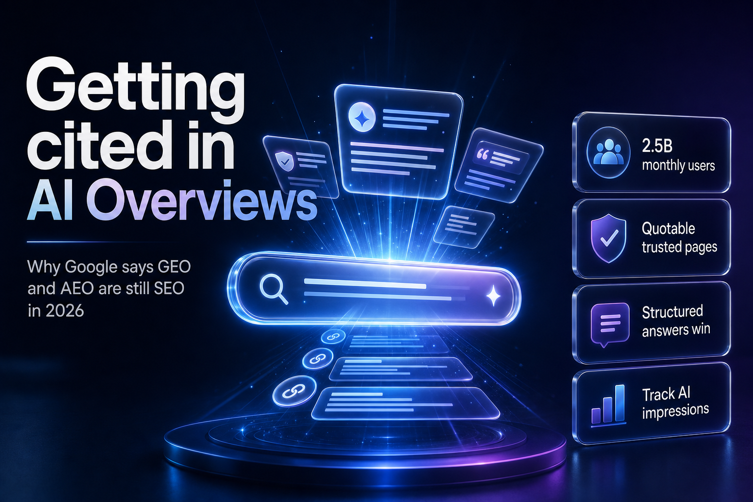 Glowing search bar radiating answer cards and citation links on a dark studio set