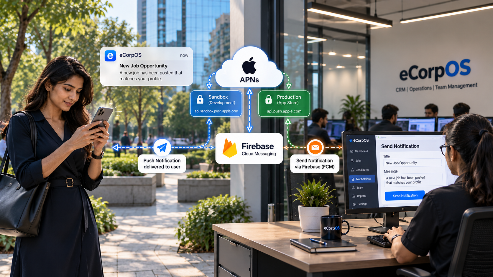 Push flow graphic: an eCorpOS iPhone alert routed through Firebase Cloud Messaging to APNs sandbox and production servers