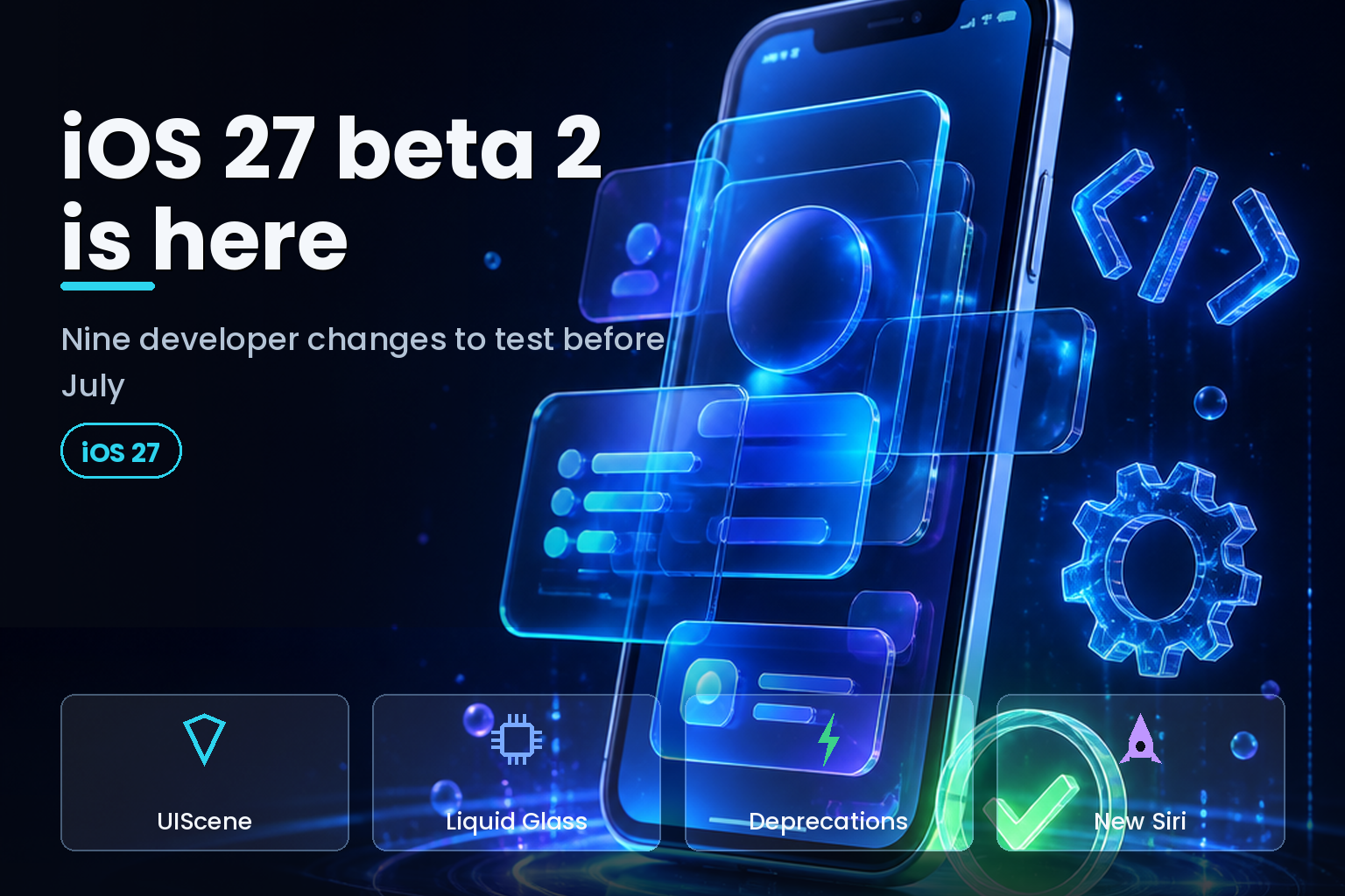 A glowing smartphone with translucent UI panels and floating code brackets on a dark background