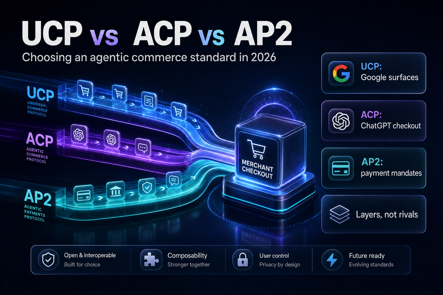 Diagram comparing UCP, ACP and AP2 agentic commerce standards as three converging protocol layers