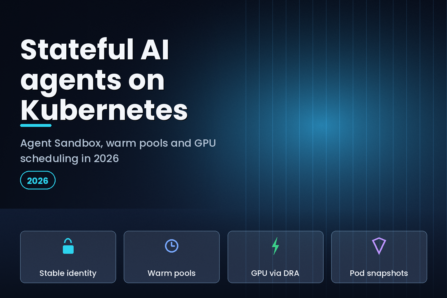 Isolated agent container pod glowing in a data-center corridor of GPU racks