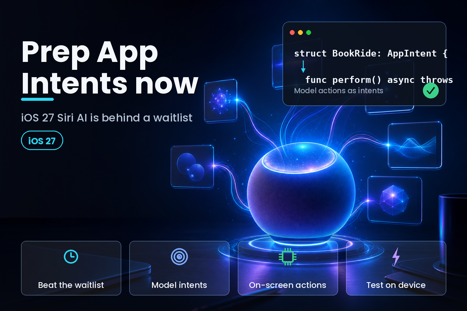 Glowing voice-assistant orb linked by light threads to floating app blocks