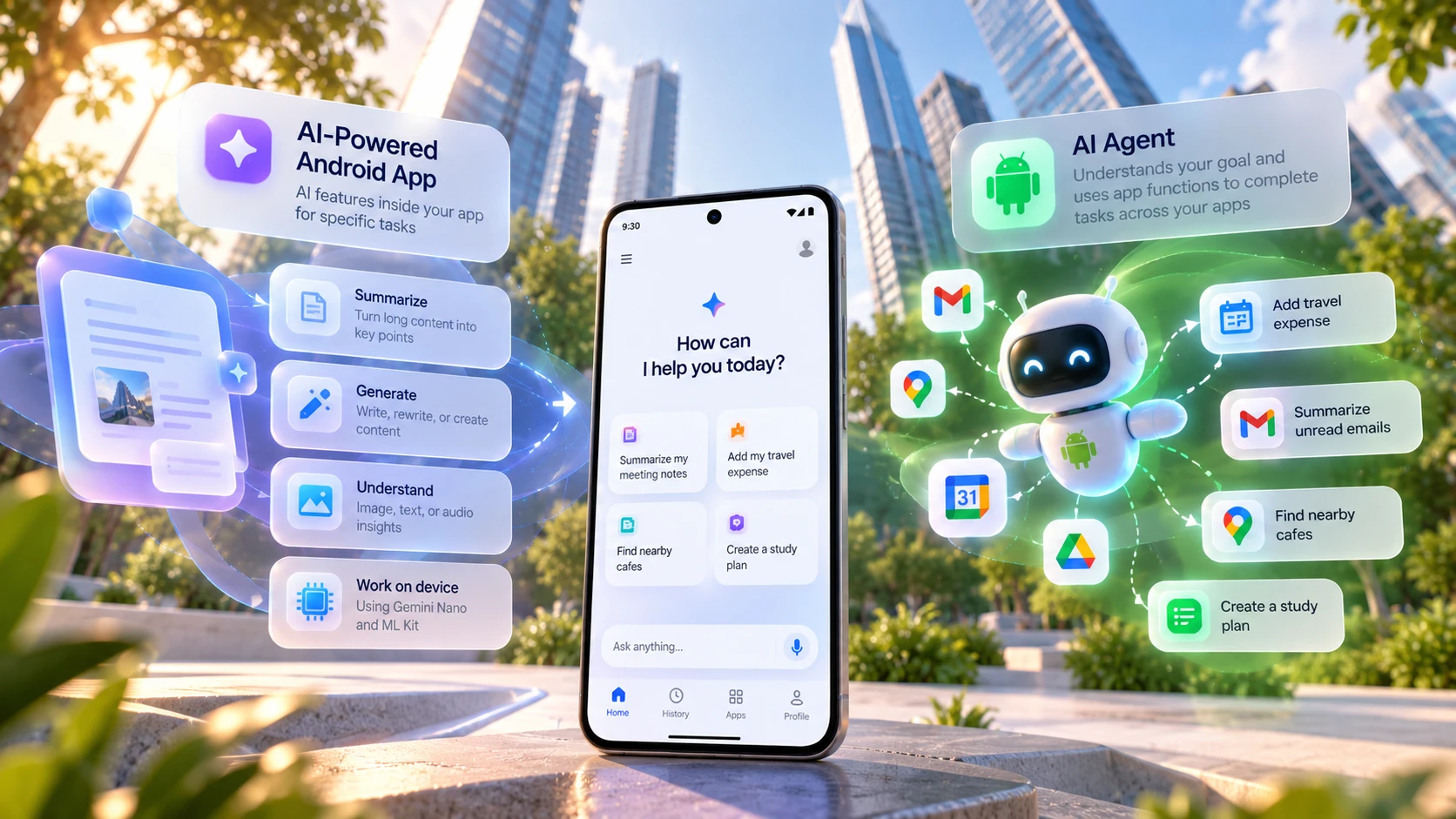 A phone showing an assistant screen, with in-app AI features on one side and an AI agent working across apps on the other.