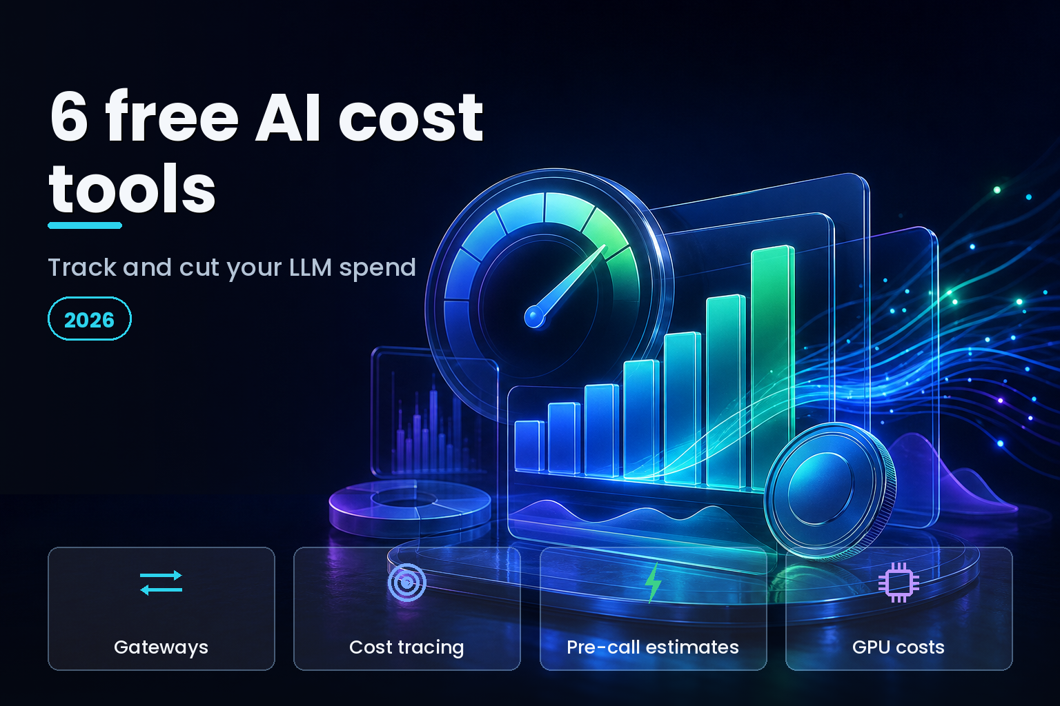 Abstract 3D cost dashboard with glowing gauges on a dark studio surface