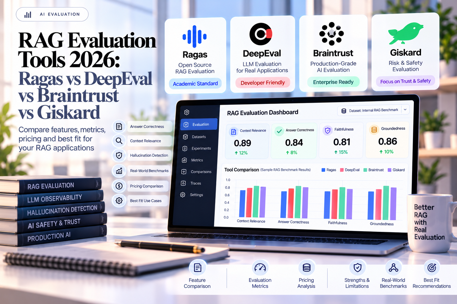 Title card comparing RAG evaluation tools Ragas, DeepEval, Braintrust and Giskard beside an evaluation dashboard on a laptop