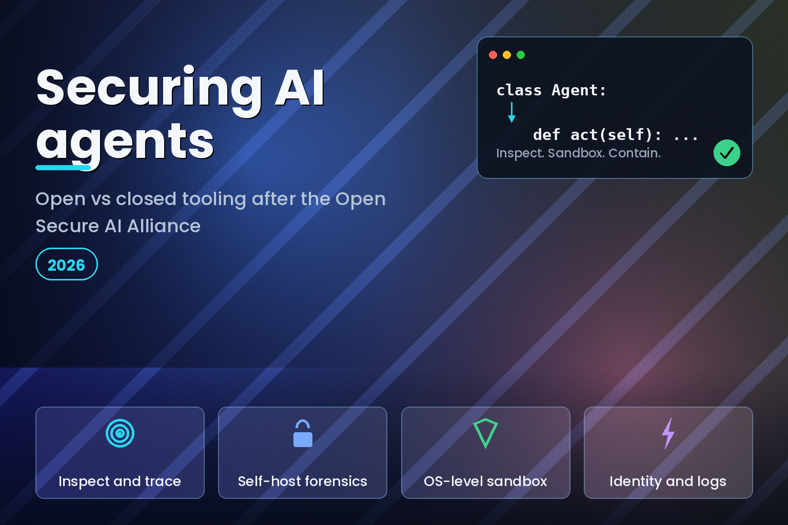 Security graphic with a Python agent class window and shield, lock and audit icons