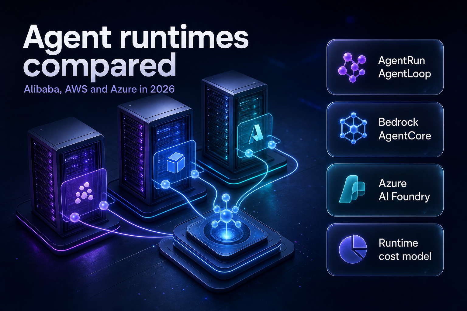 Data-center corridor with three server rows converging on one glowing orchestration node