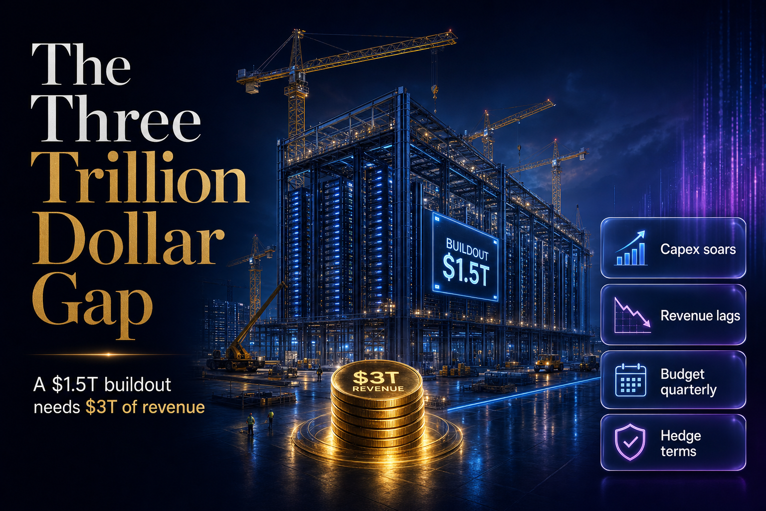 A vast half-built data centre hall dwarfing a small stack of gold coins on the floor