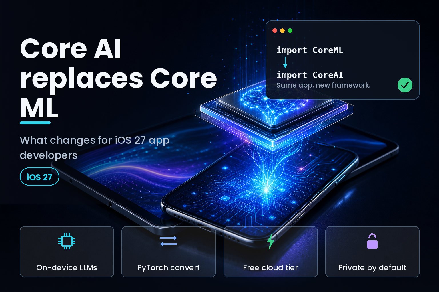 Glowing neural-engine chip hovering above a premium smartphone and tablet on a dark studio surface