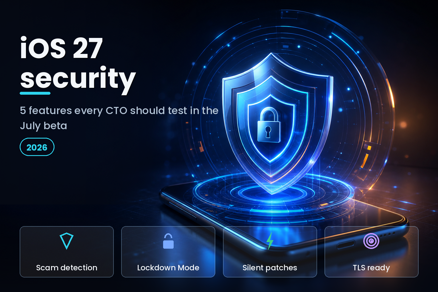 Layered glowing security shield protecting a smartphone on a dark studio background