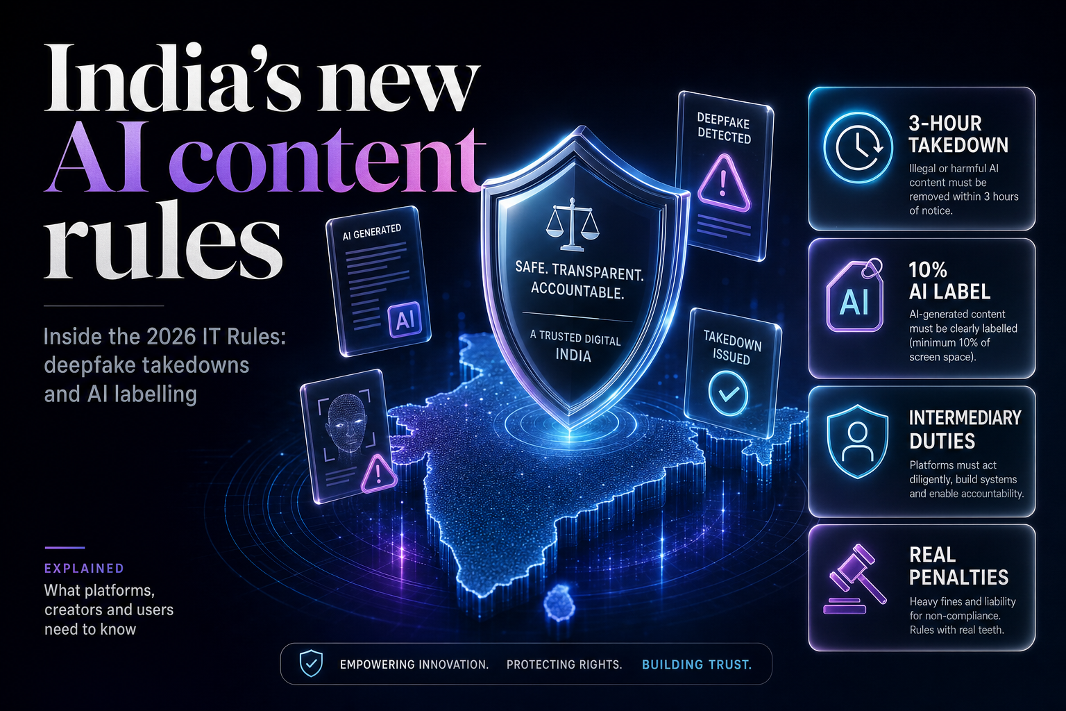 Glowing 3D shield over a stylized map of India with warning and document icons