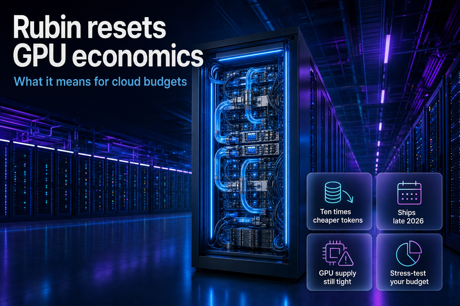 Liquid-cooled AI server rack glowing in a data center