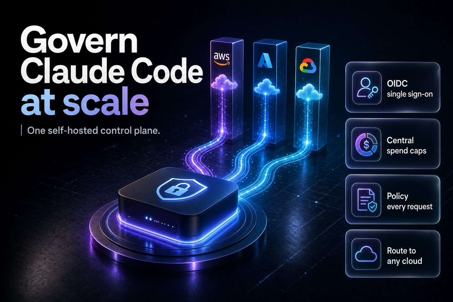 Isometric secure gateway node routing glowing data streams to three cloud pillars