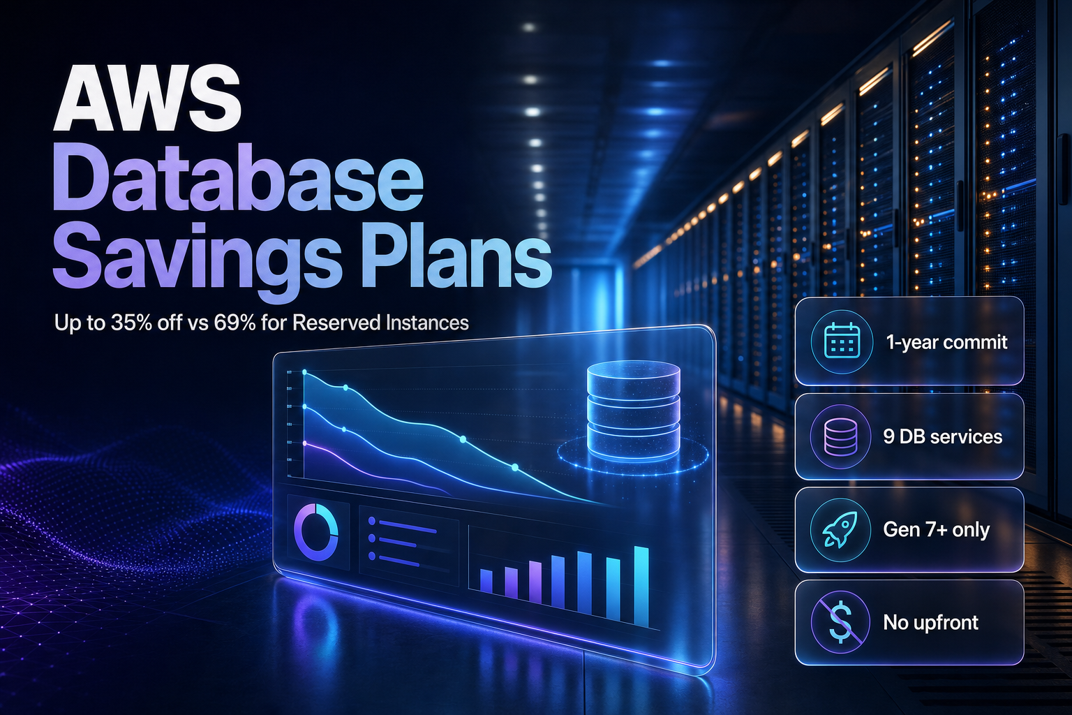 Glowing database server racks in a data-center corridor with a cost-savings dashboard