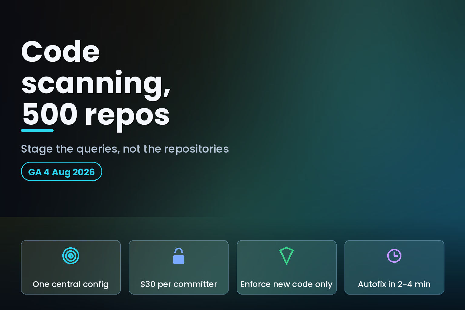 Graphic showing a staged GitHub code scanning rollout across 500 repositories with one central CodeQL configuration