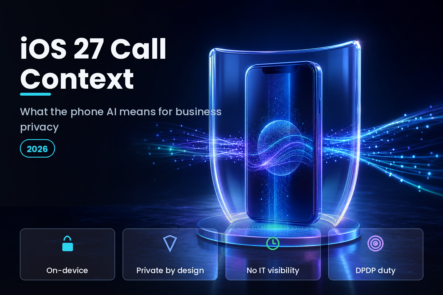 Glowing 3D smartphone inside a translucent privacy shield with data streams