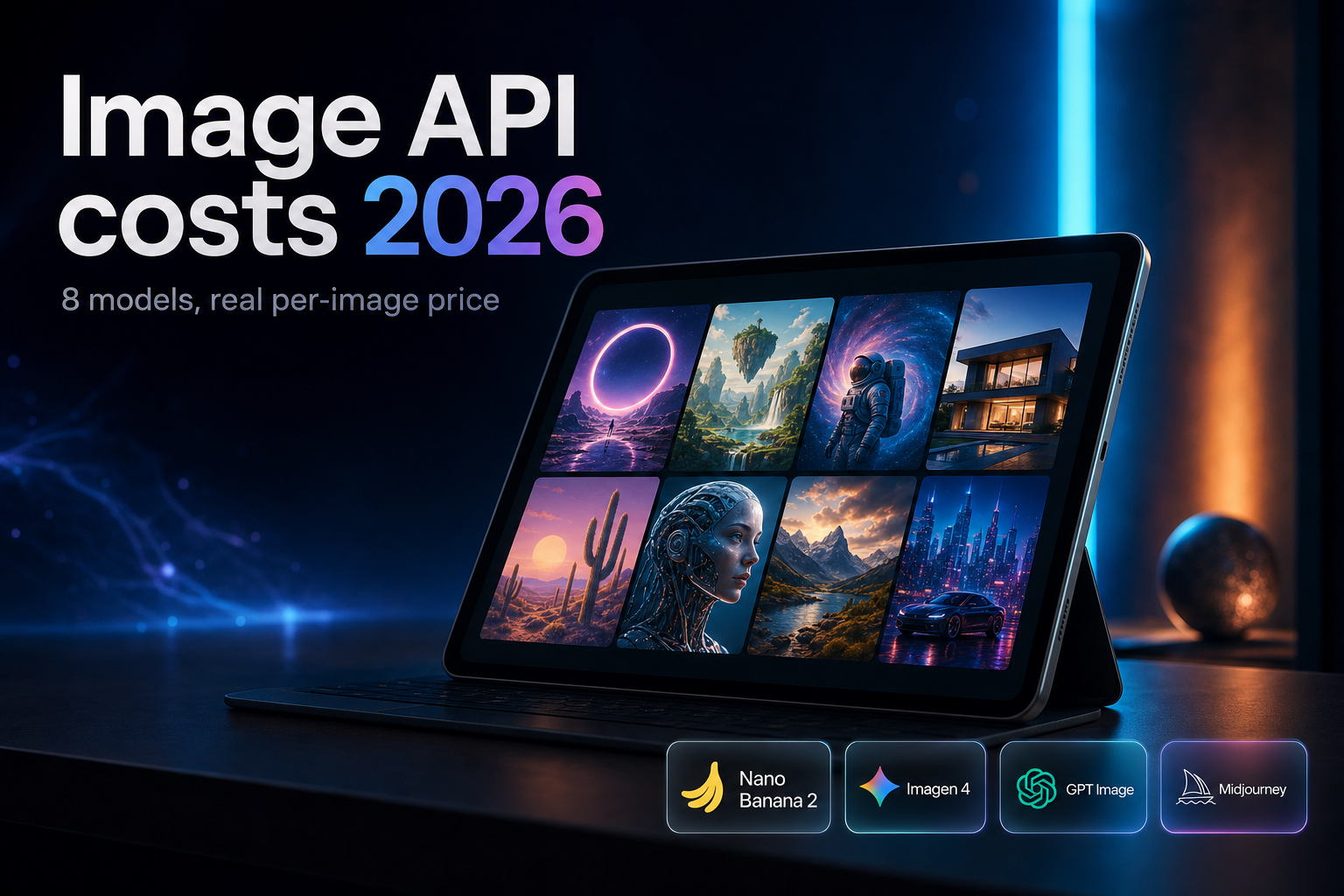 Tablet on a studio surface showing a grid of AI-generated image thumbnails