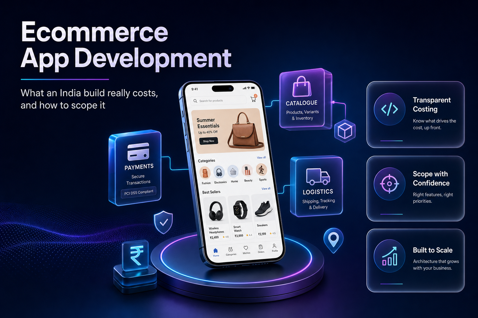 A premium smartphone showing a shopping interface surrounded by payment and logistics modules