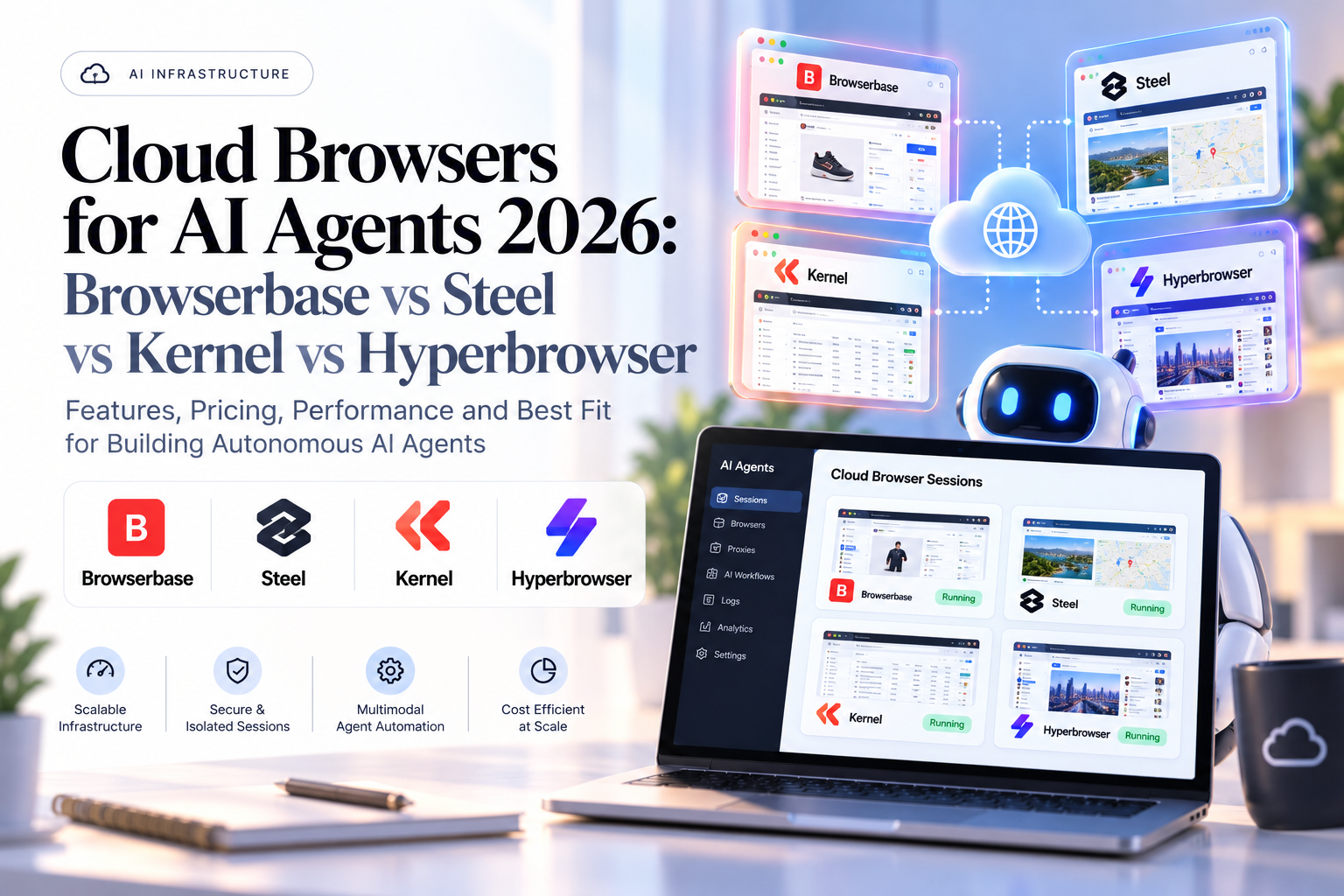 Title card comparing cloud browsers for AI agents from Browserbase, Steel, Kernel and Hyperbrowser beside a session dashboard