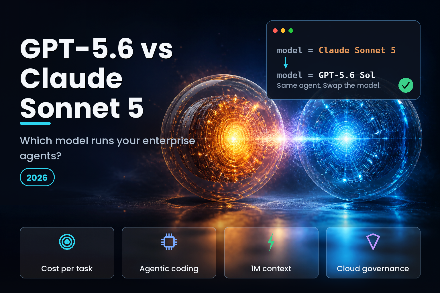 Two glowing AI core spheres facing off on a dark studio surface